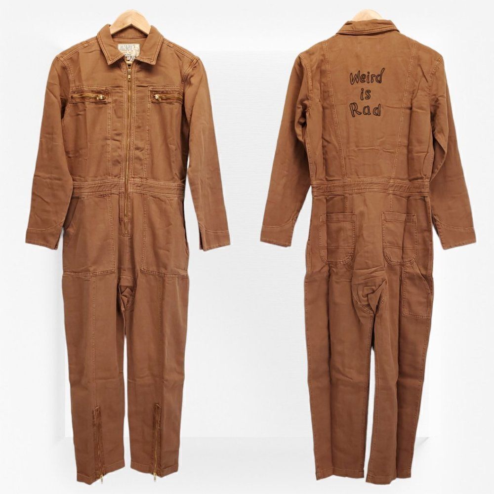 Free People x Sandrine Rose Zip Embroidered Denim Jumpsuit "Weird is Rad" - Picture 2 of 11